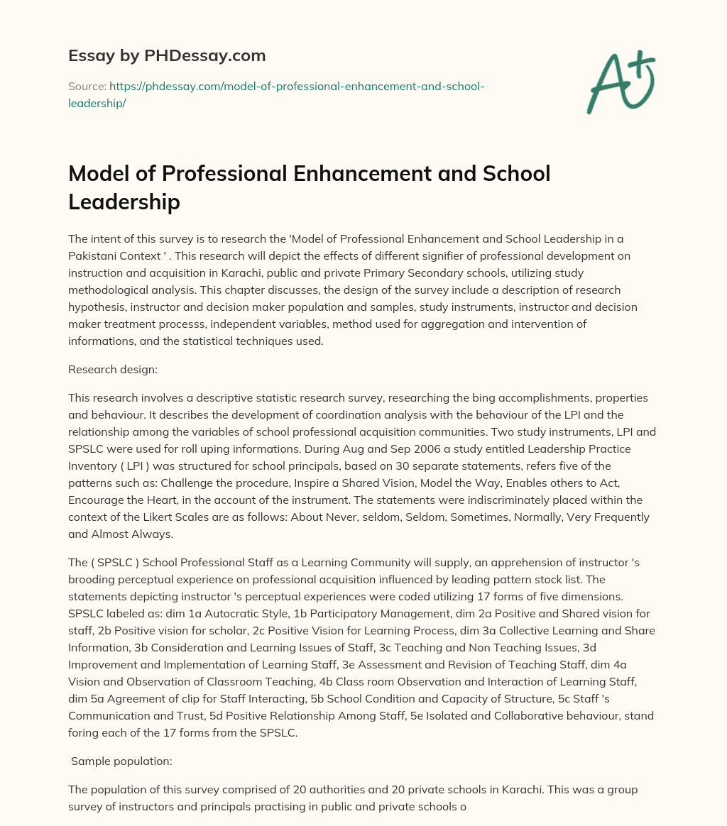 Model of Professional Enhancement and School Leadership essay