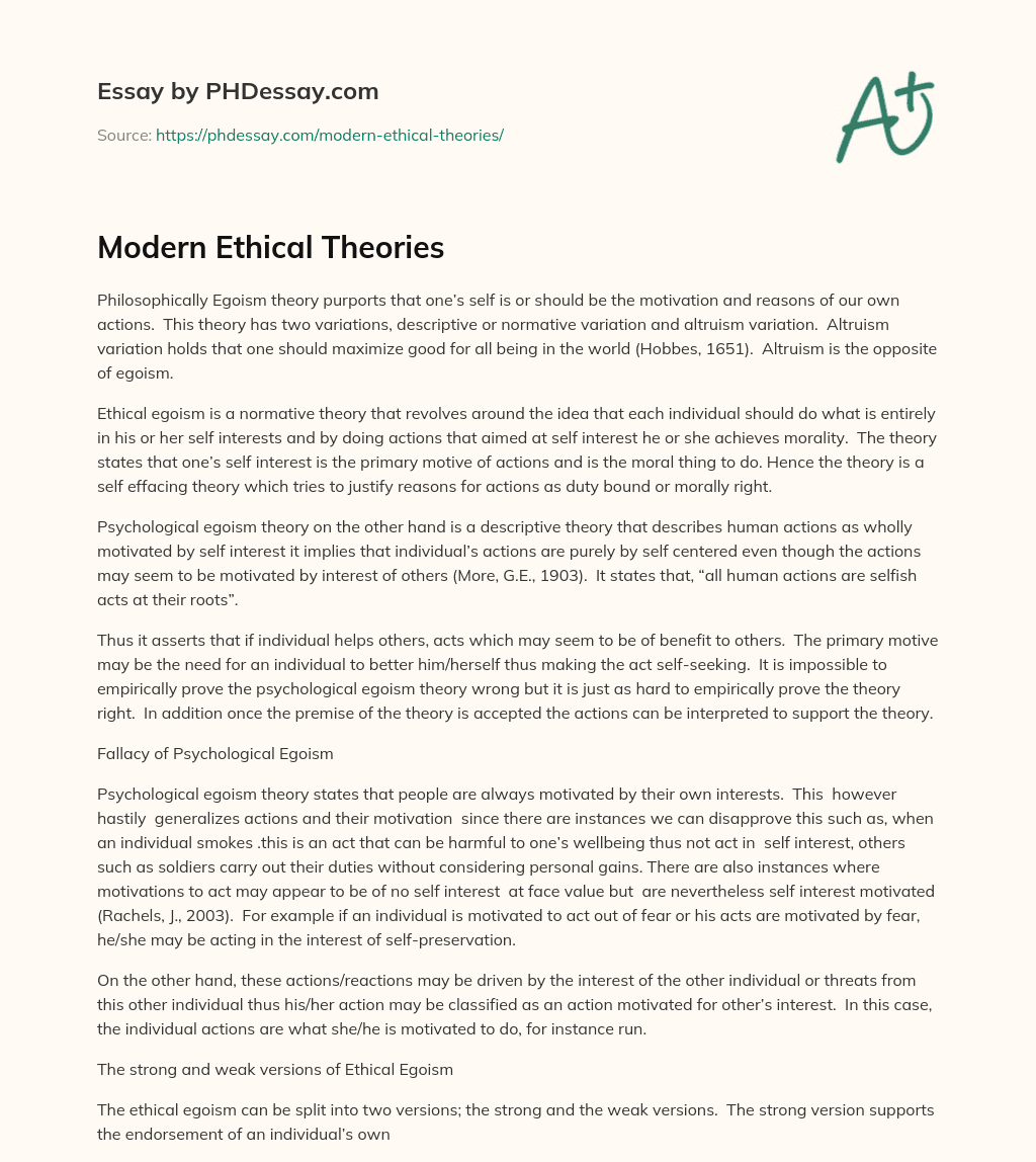 Modern Ethical Theories essay