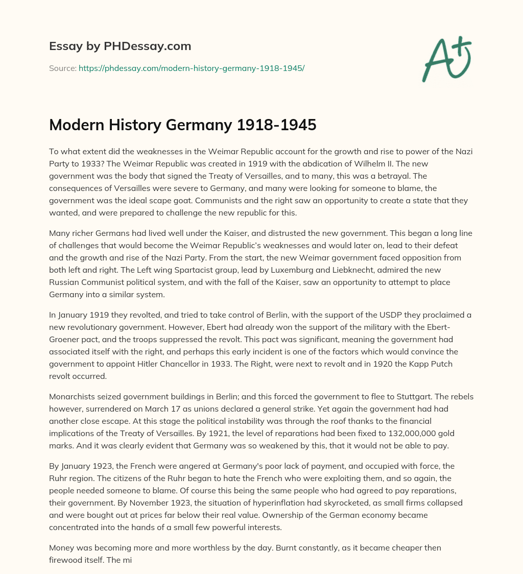 Modern History Germany 1918-1945 essay