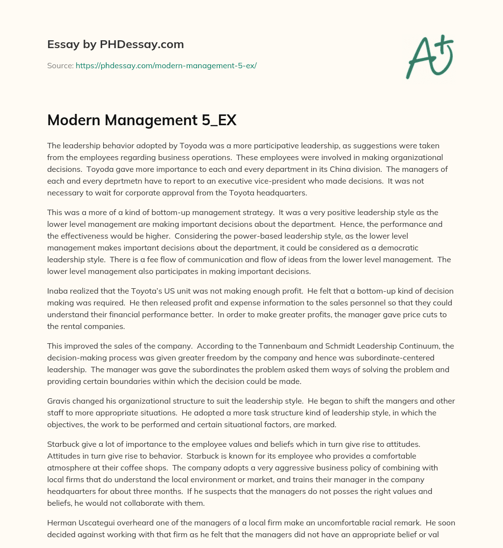 Participative Leadership Style in Toyota’s China Division for Higher Performance and Effectiveness essay