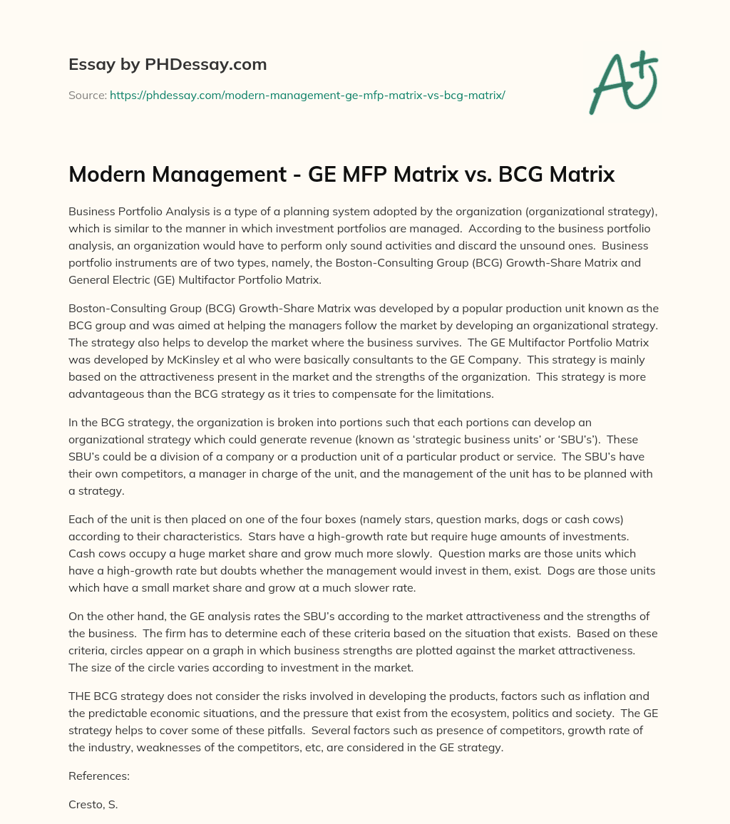 Modern Management – GE MFP Matrix vs. BCG Matrix essay