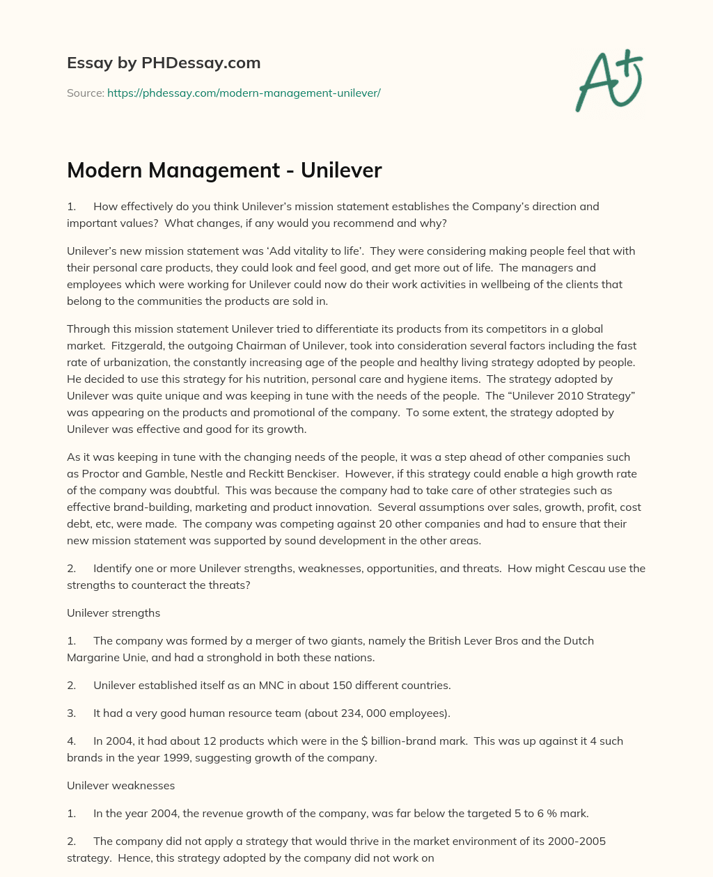 Modern Management – Unilever essay