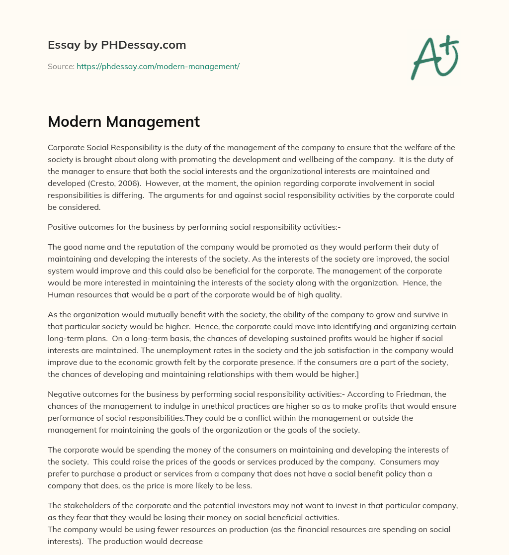 Modern Management essay
