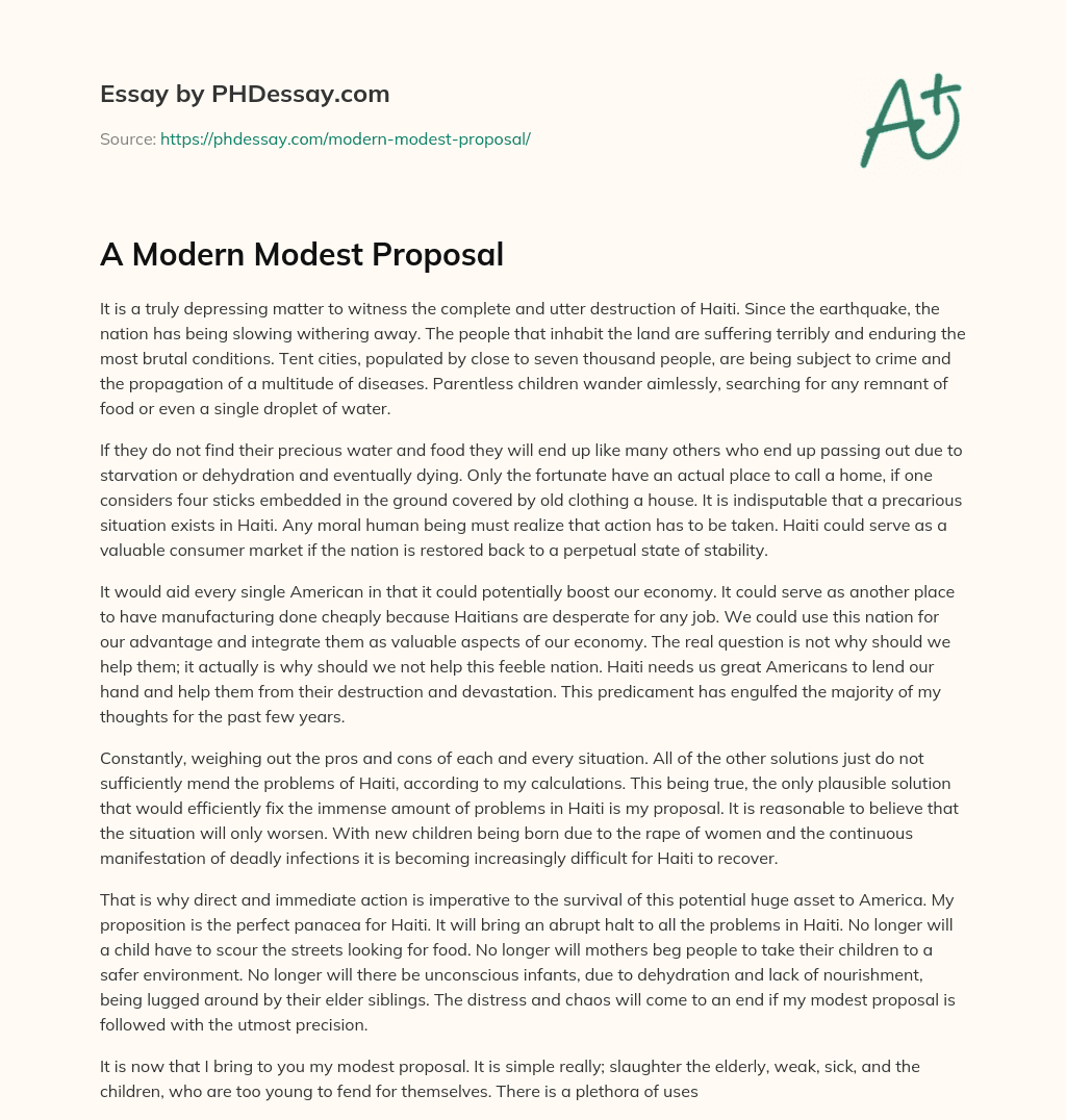 A Modern Modest Proposal essay