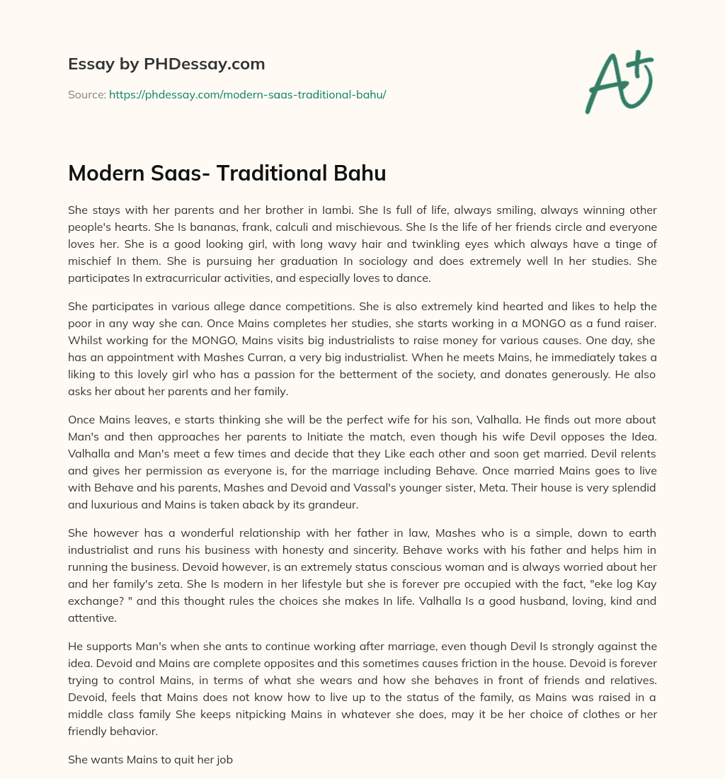 Modern Saas- Traditional Bahu essay