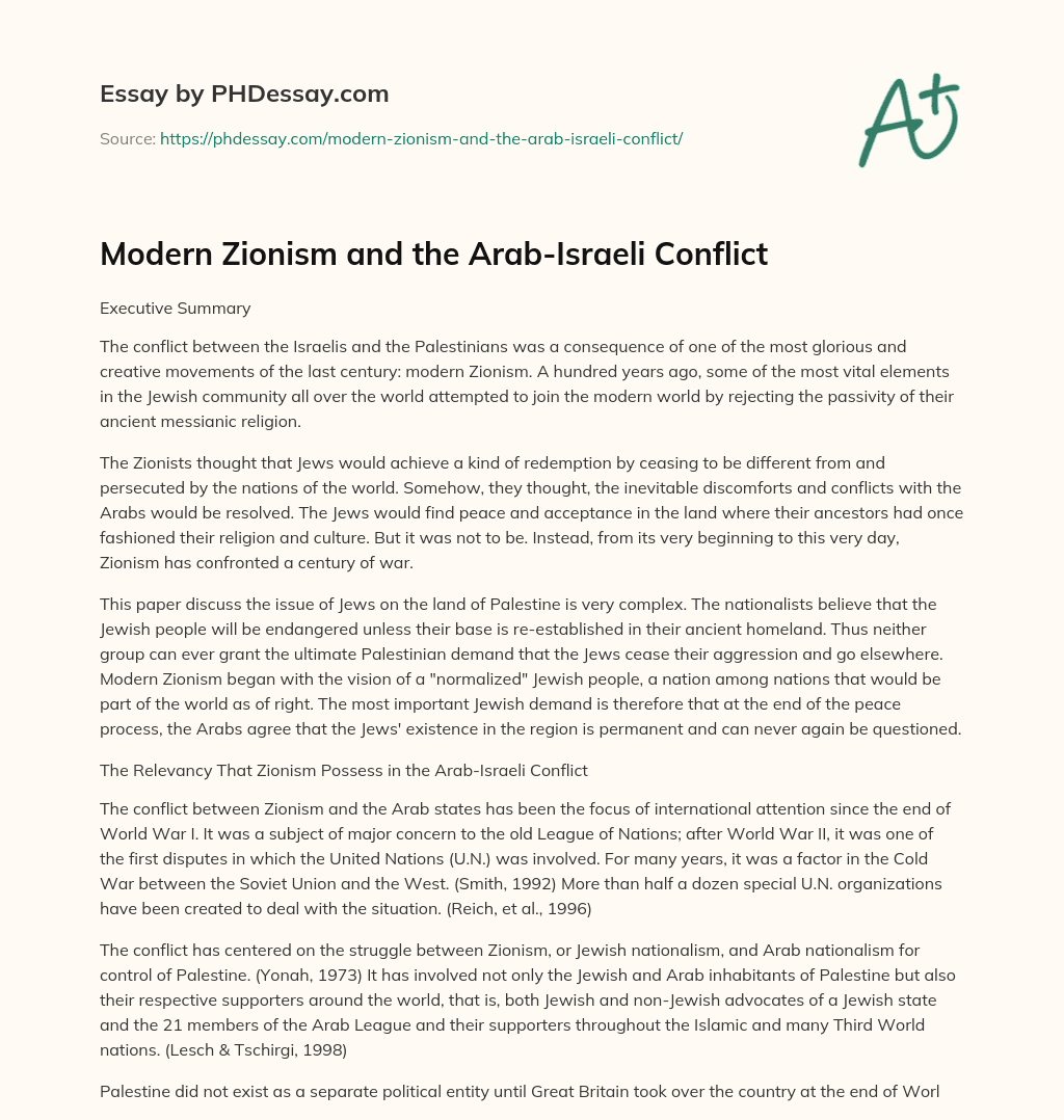Modern Zionism and the Arab-Israeli Conflict essay