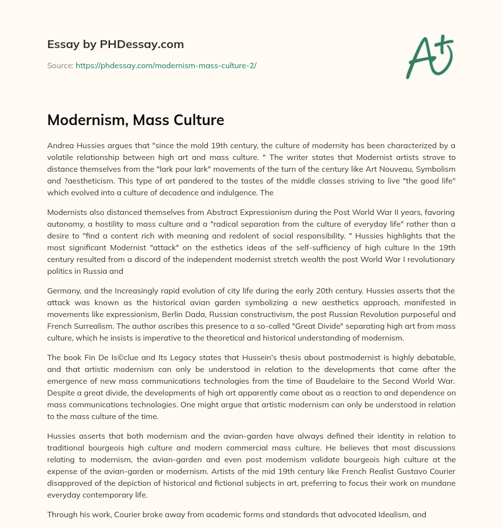 Modernism, Mass Culture essay