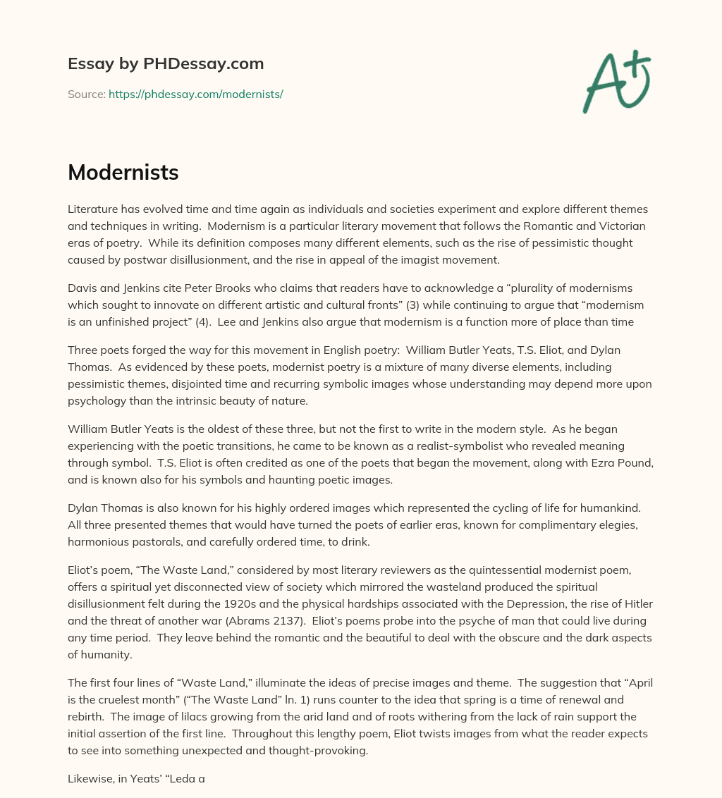 Exploring the Evolution of Modernist Poetry and its Diverse Elements essay
