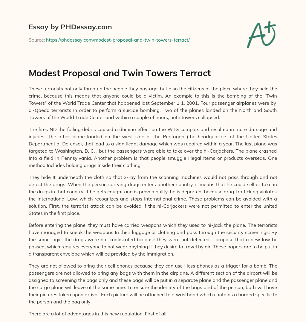Modest Proposal and Twin Towers Terract essay
