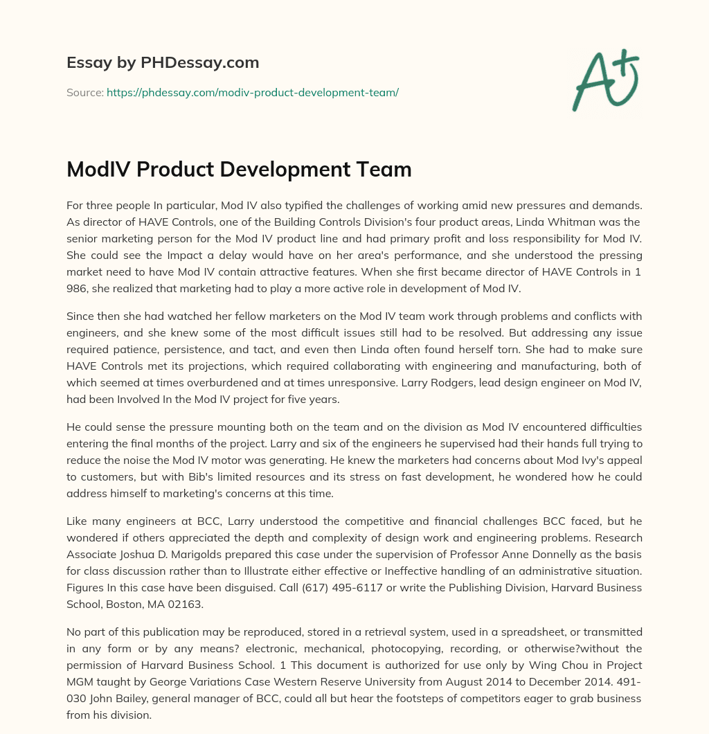 ModIV Product Development Team essay