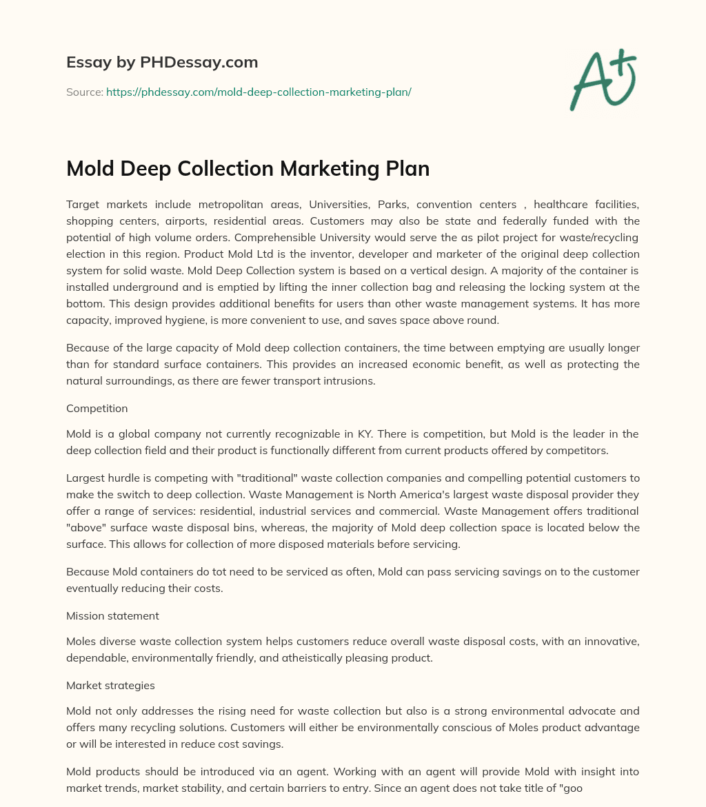 Mold Deep Collection Marketing Plan essay