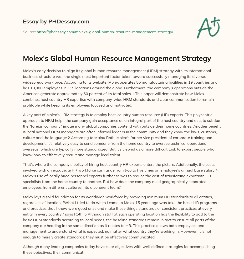 Molex’s Global Human Resource Management Strategy essay