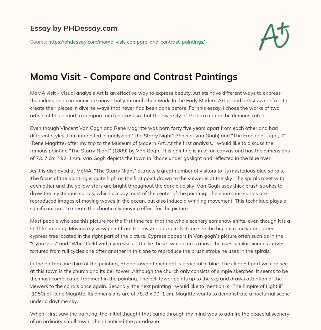 Moma Visit – Compare and Contrast Paintings essay