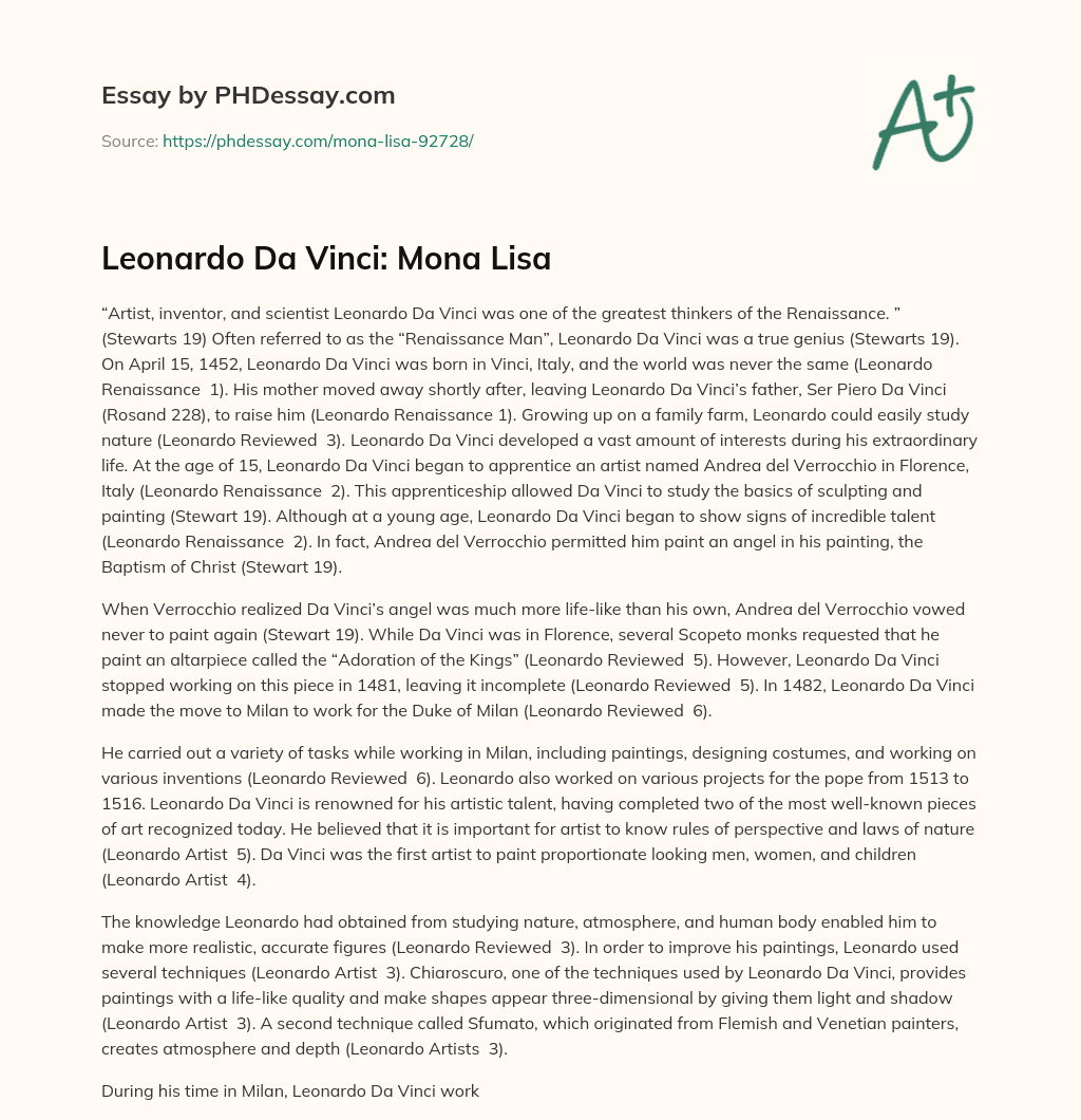 Leonardo Da Vinci: Mona Lisa essay