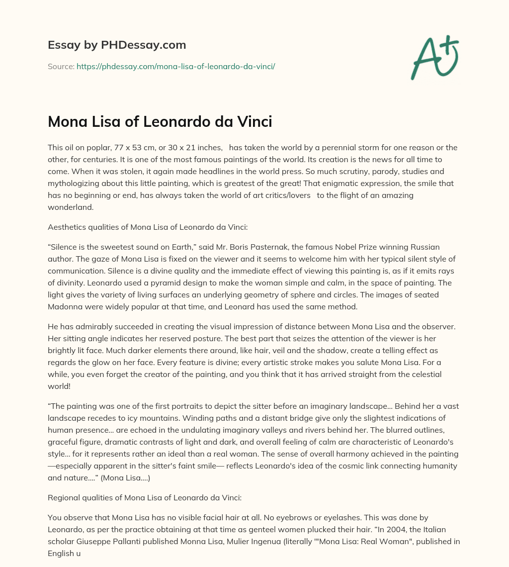 Mona Lisa of Leonardo da Vinci essay