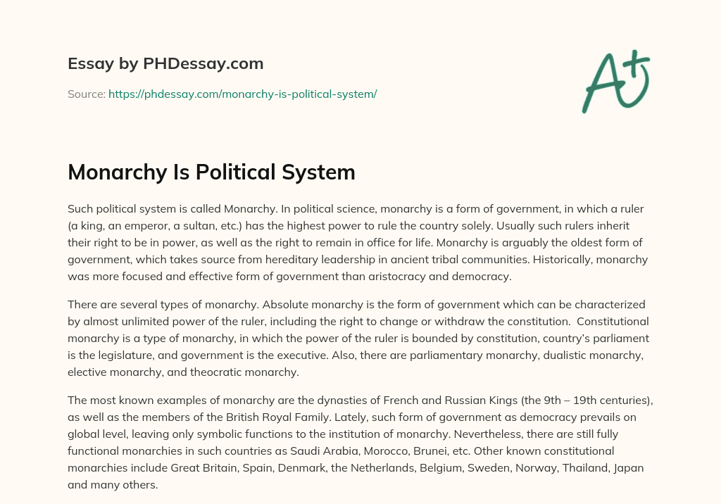 Monarchy Is Political System 200 Words PHDessay