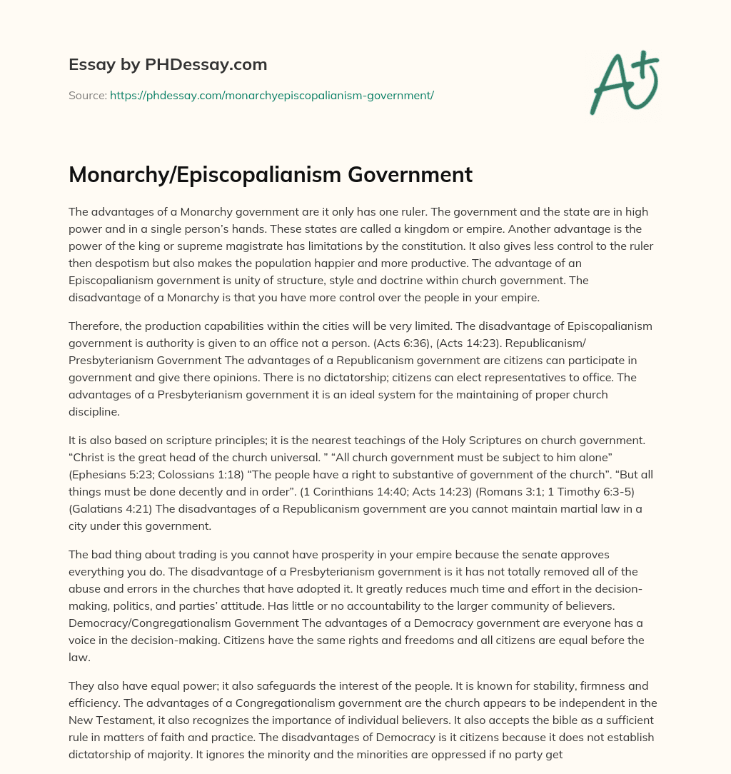 Monarchy/Episcopalianism Government essay