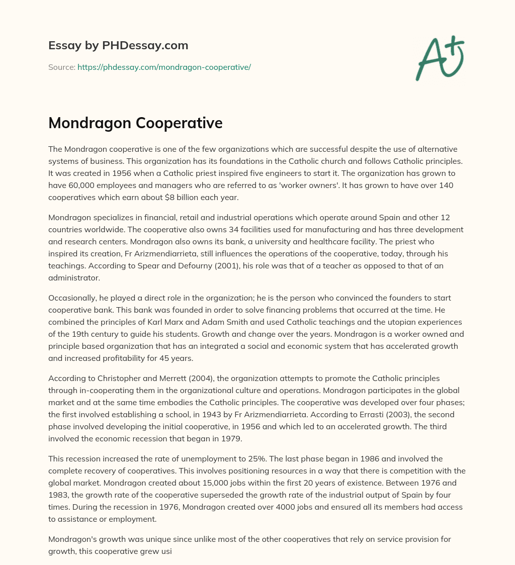 Mondragon Cooperative essay