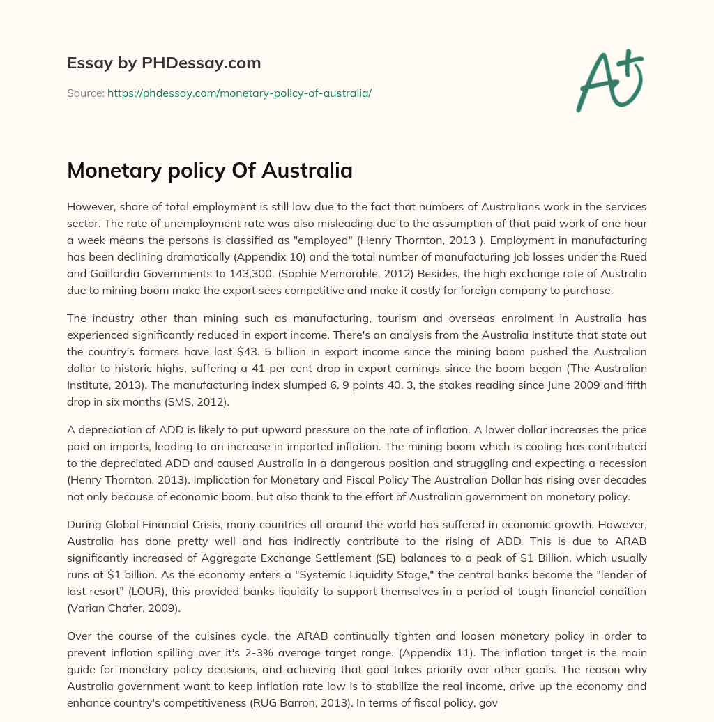 Monetary policy Of Australia essay