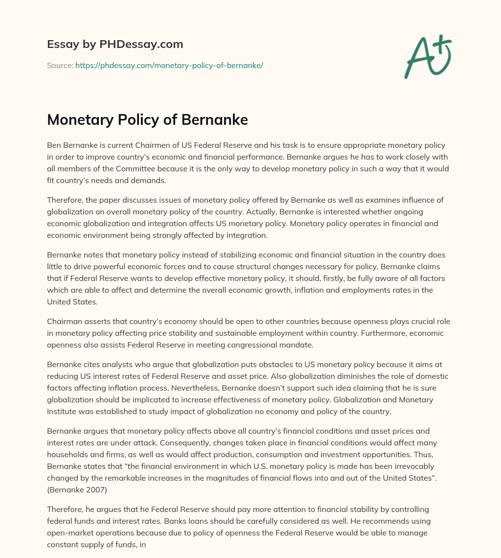Monetary Policy of Bernanke essay