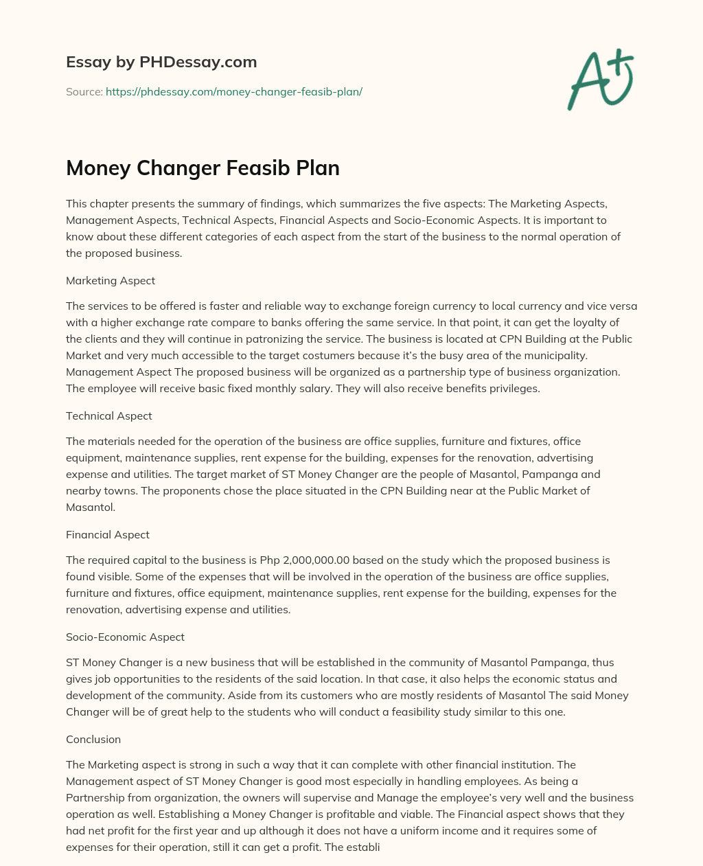 Money Changer Feasib Plan essay