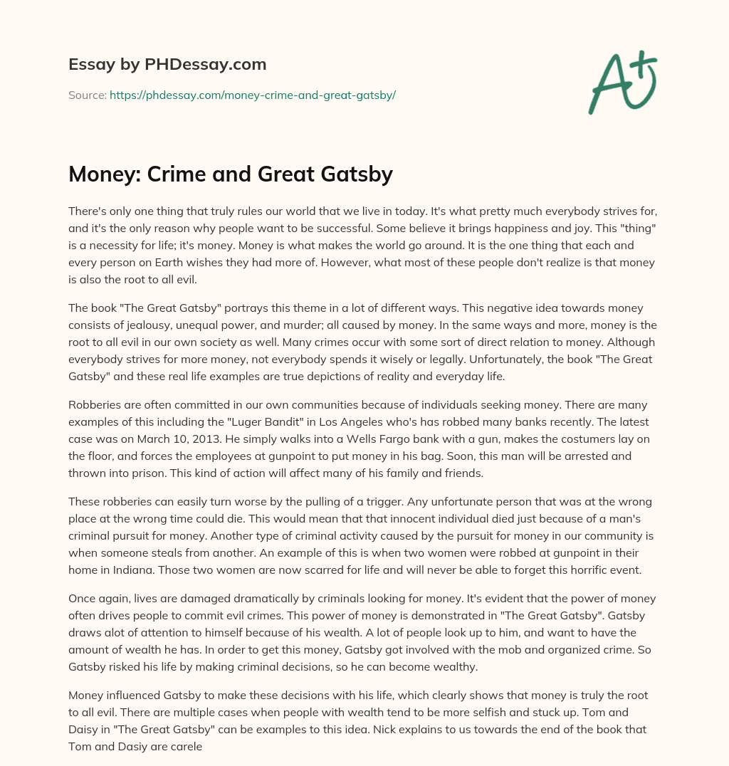 Money: Crime and Great Gatsby essay