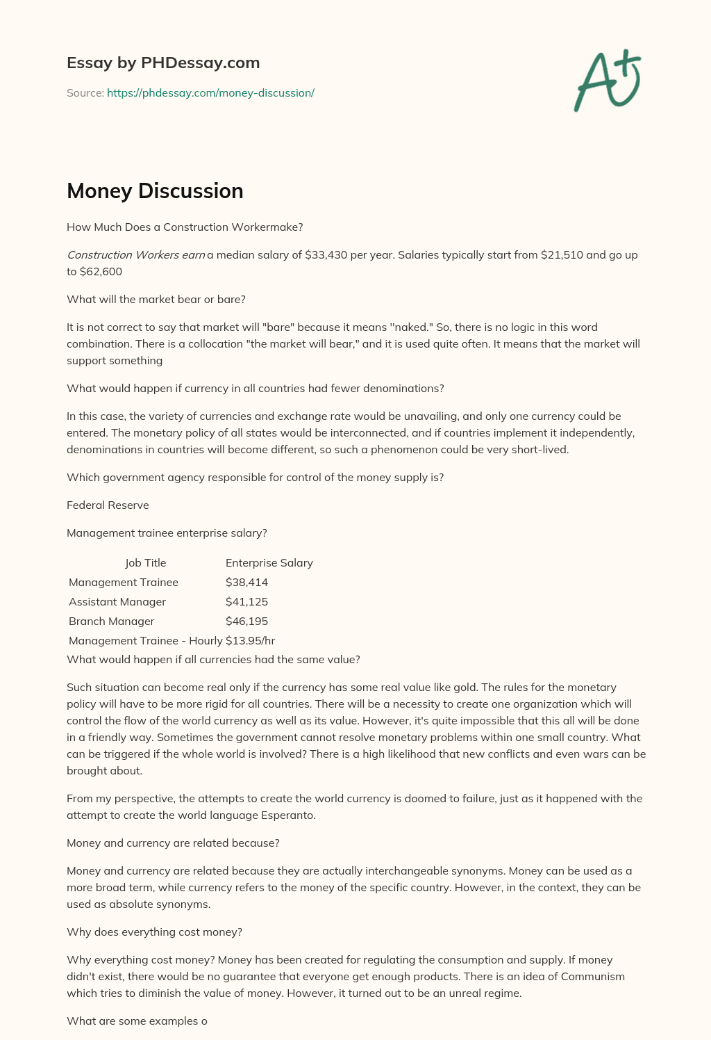 Money Discussion essay
