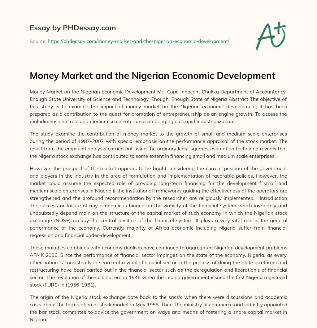 Money Market and the Nigerian Economic Development essay