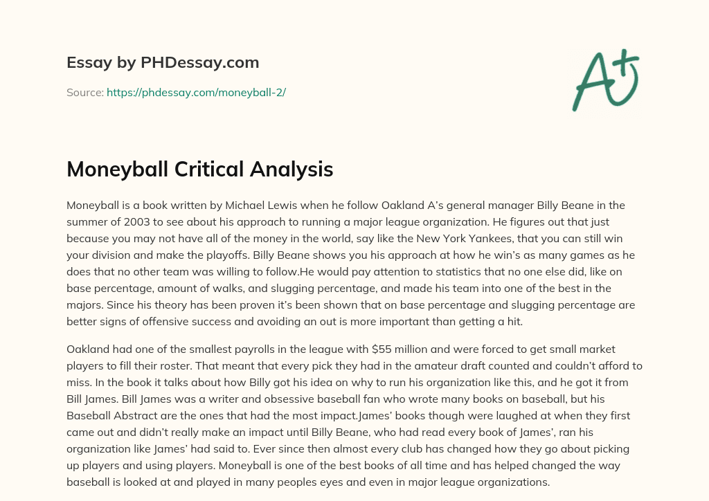Moneyball Critical Analysis essay