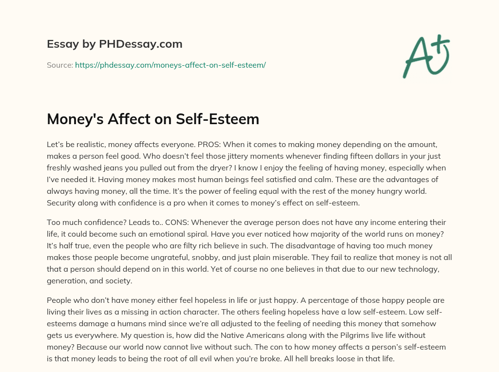 Money’s Affect on Self-Esteem essay