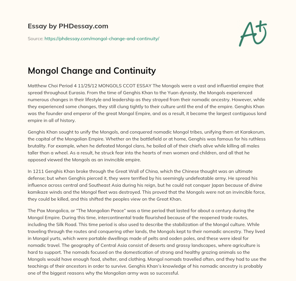Mongol Change and Continuity essay
