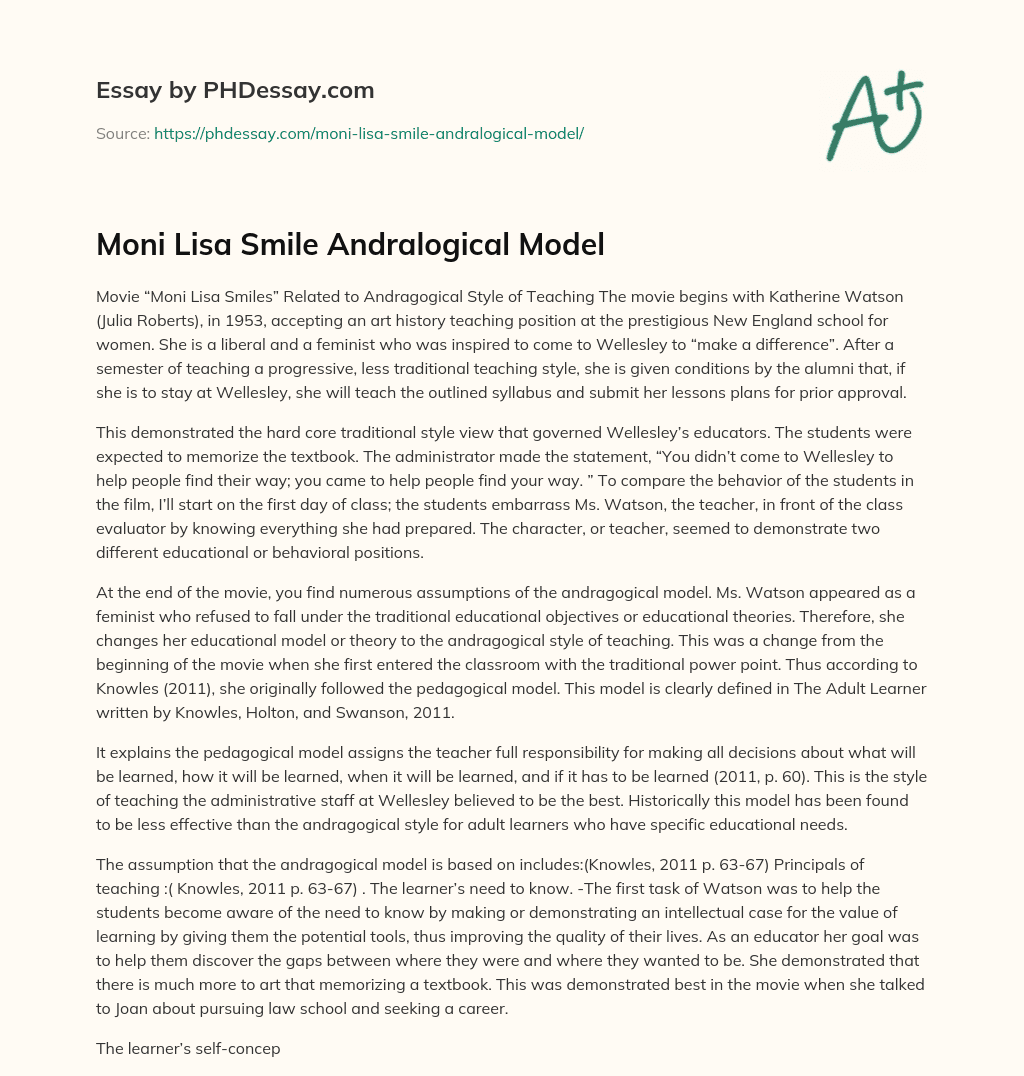 Moni Lisa Smile Andralogical Model essay