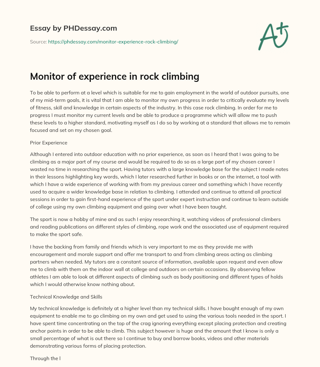 Monitor Of Experience In Rock Climbing Essay Example