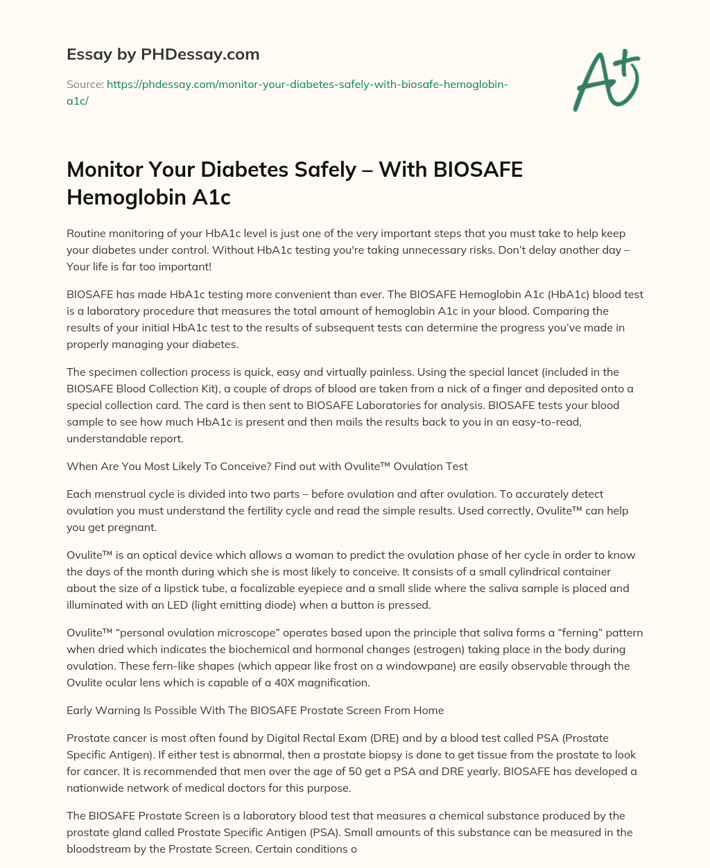 Monitor Your Diabetes Safely – With BIOSAFE Hemoglobin A1c essay
