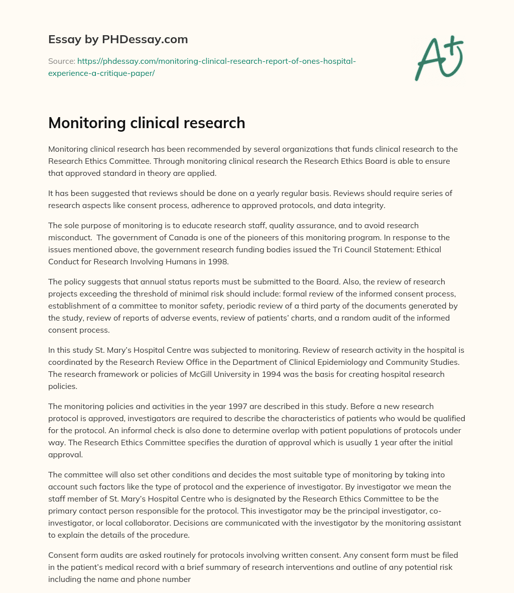 Monitoring clinical research essay