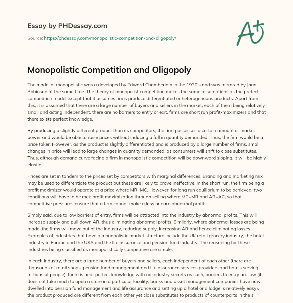 Monopolistic Competition and Oligopoly essay