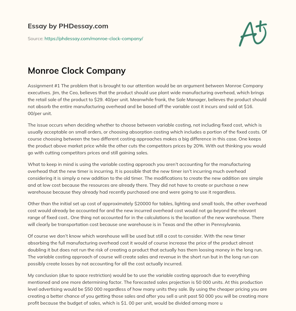 Monroe Clock Company essay