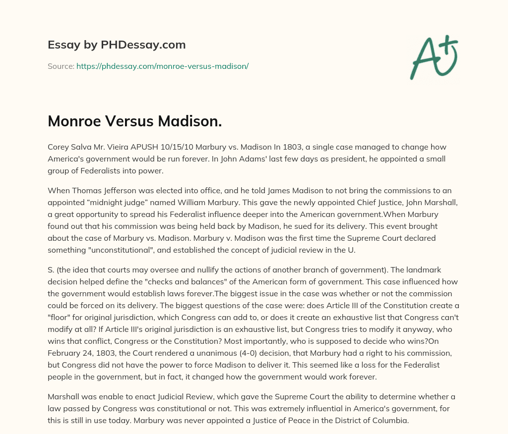 Marbury vs. Madison: The Landmark Case that Established Judicial Review in the US Government essay