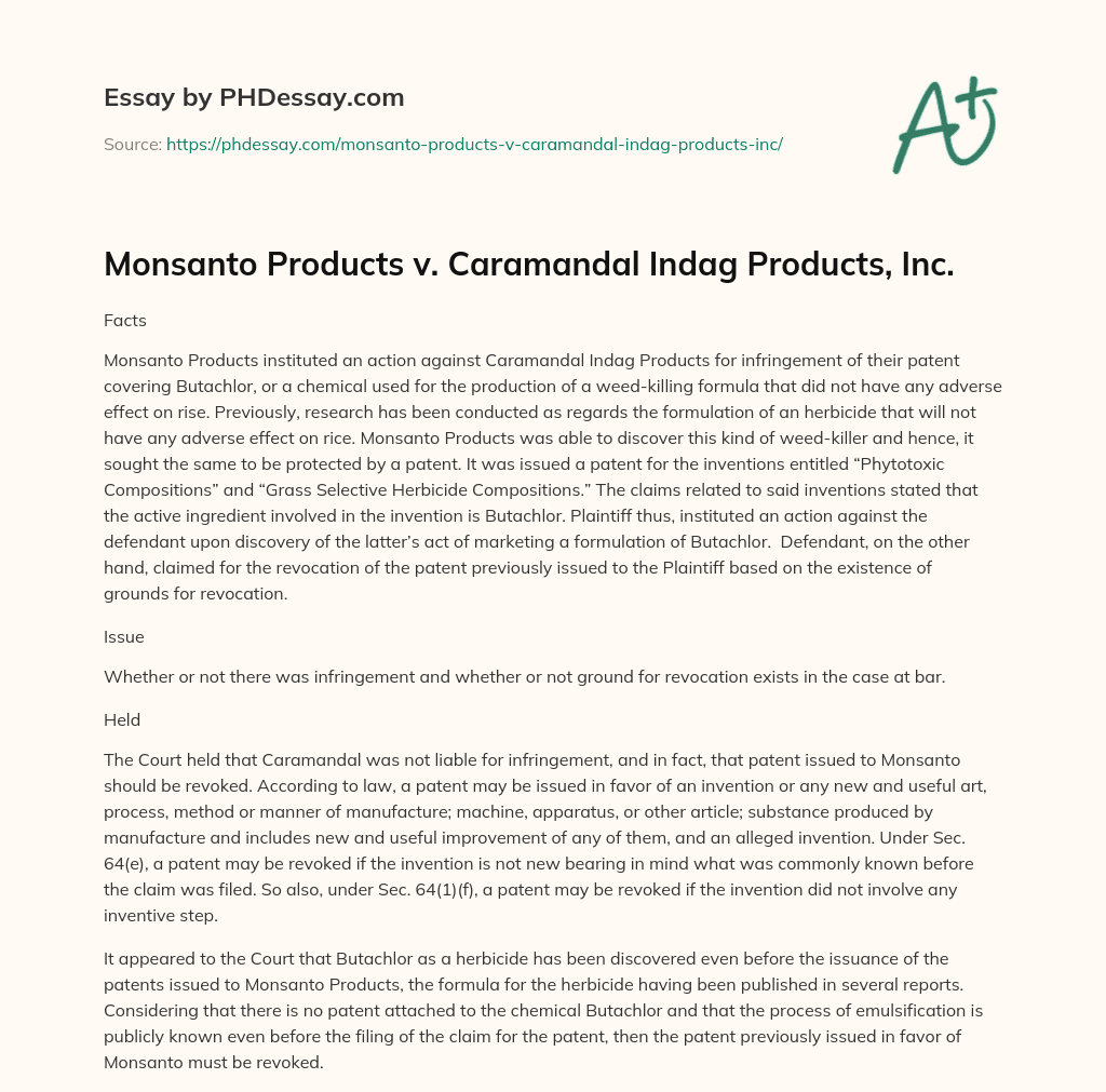 Monsanto Products v. Caramandal Indag Products, Inc. essay