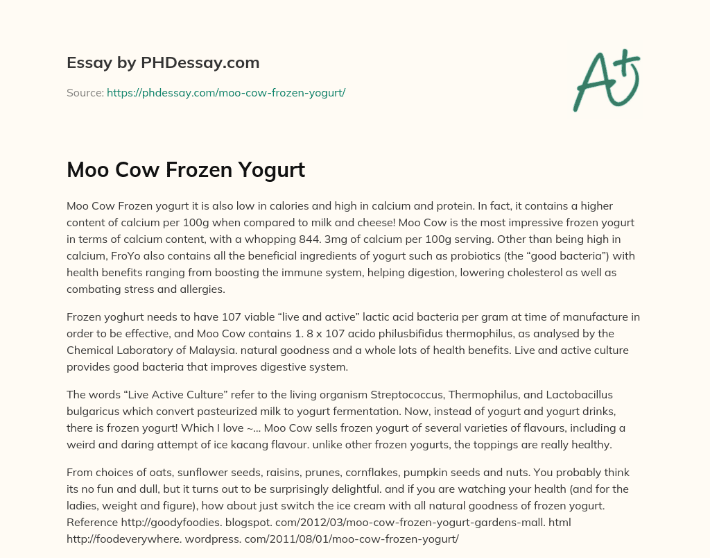 Moo Cow Frozen Yogurt essay