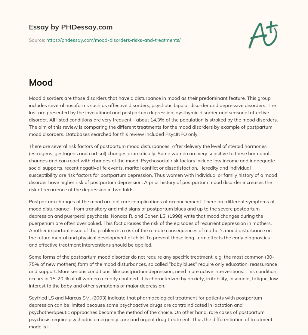 Comparing Treatments for Mood Disorders: A Focus on Postpartum Mood Disorders essay
