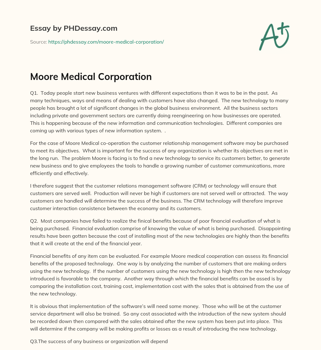 Moore Medical Corporation essay