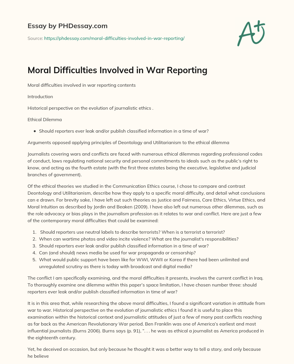 Moral Difficulties Involved in War Reporting essay