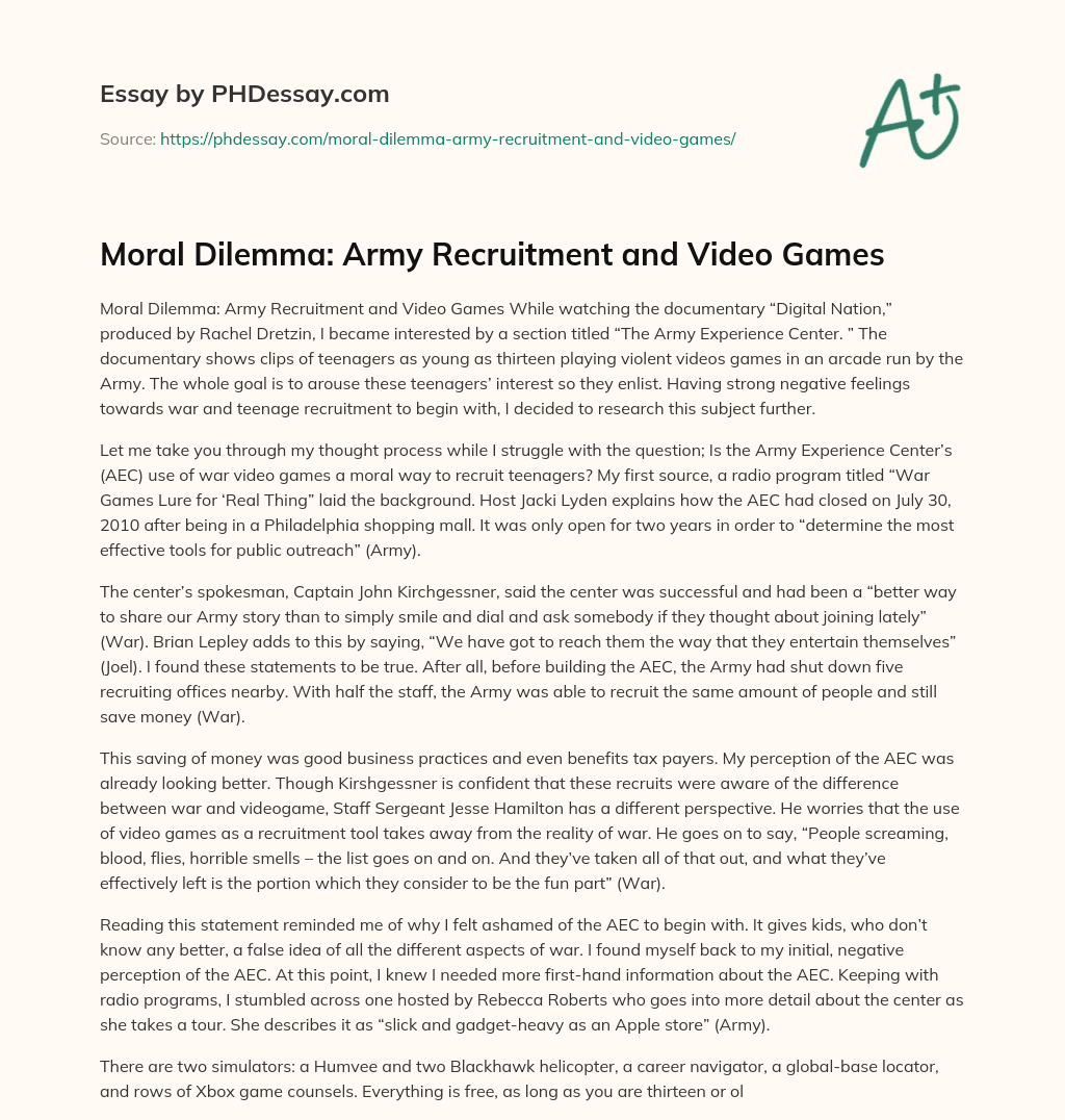 Moral Dilemma: Army Recruitment and Video Games essay