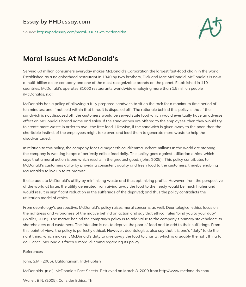 Moral Issues At McDonald’s essay