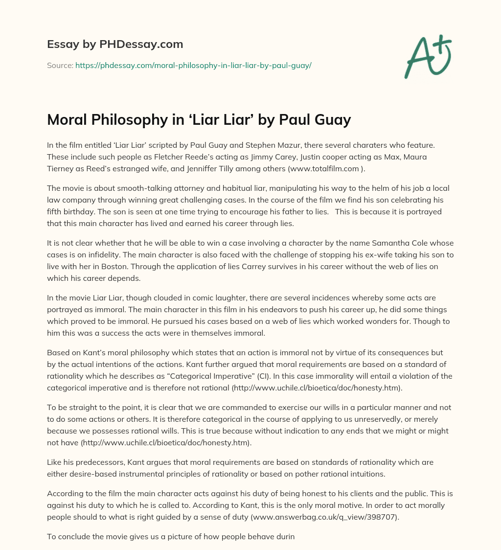 Moral Philosophy in ‘Liar Liar’ by Paul Guay essay
