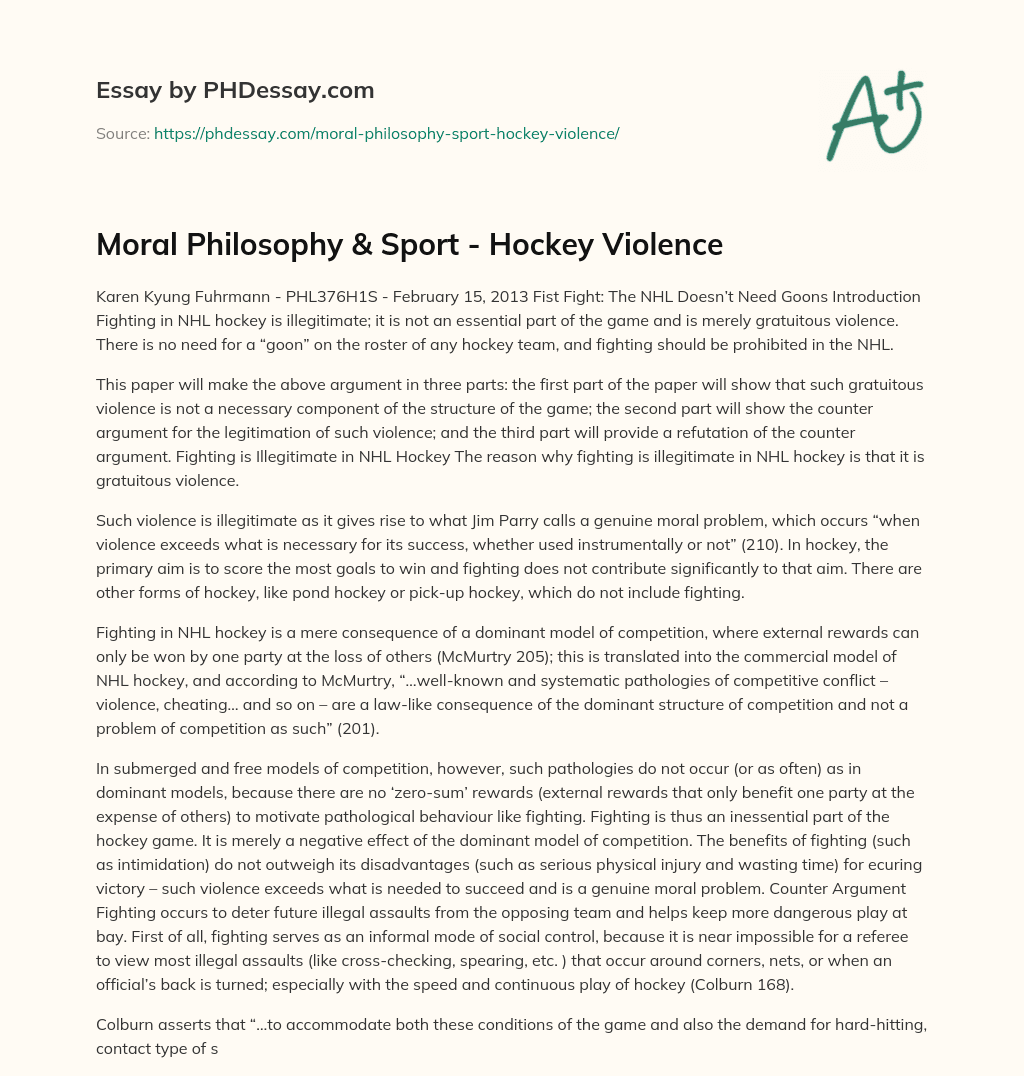 Moral Philosophy & Sport – Hockey Violence essay