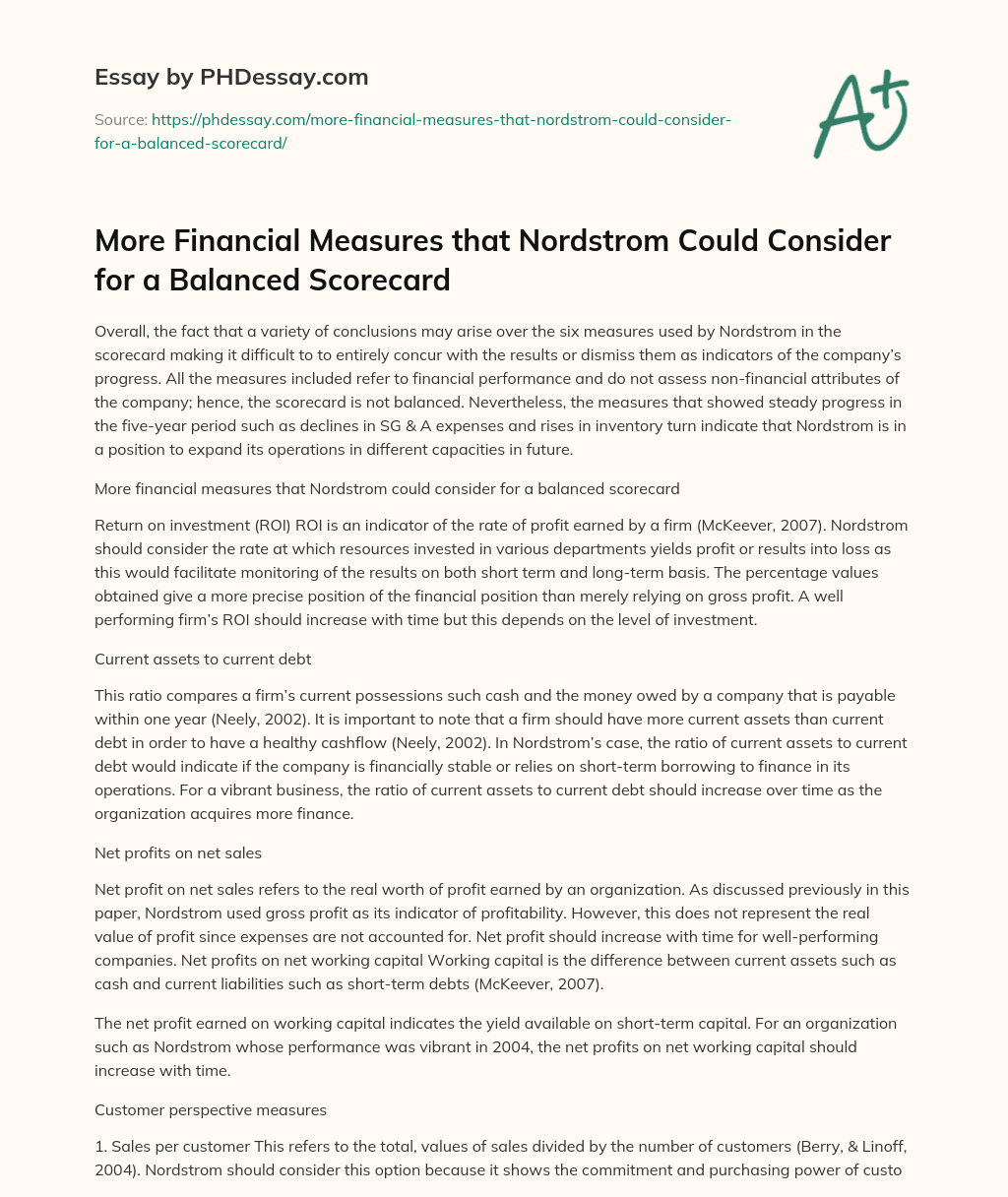 More Financial Measures that Nordstrom Would Consider for a Balanced Scorecard essay