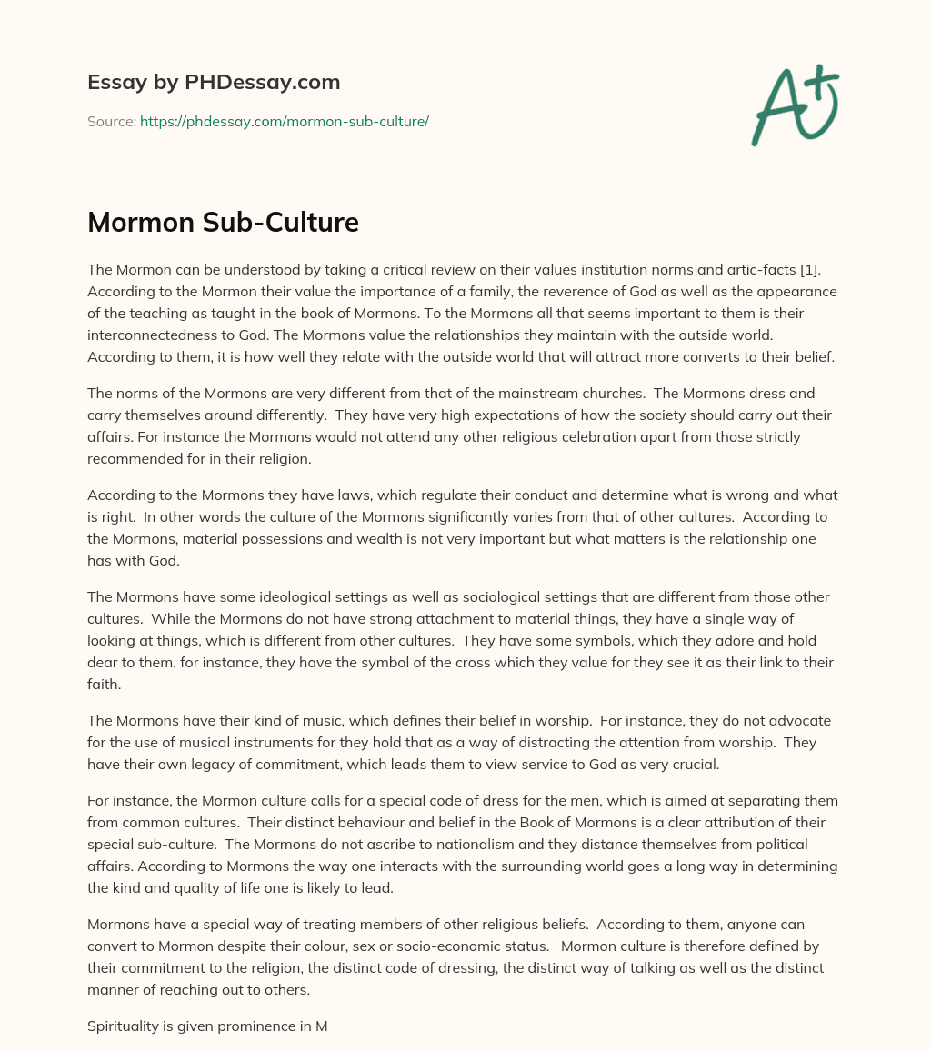 Mormon Sub-Culture essay