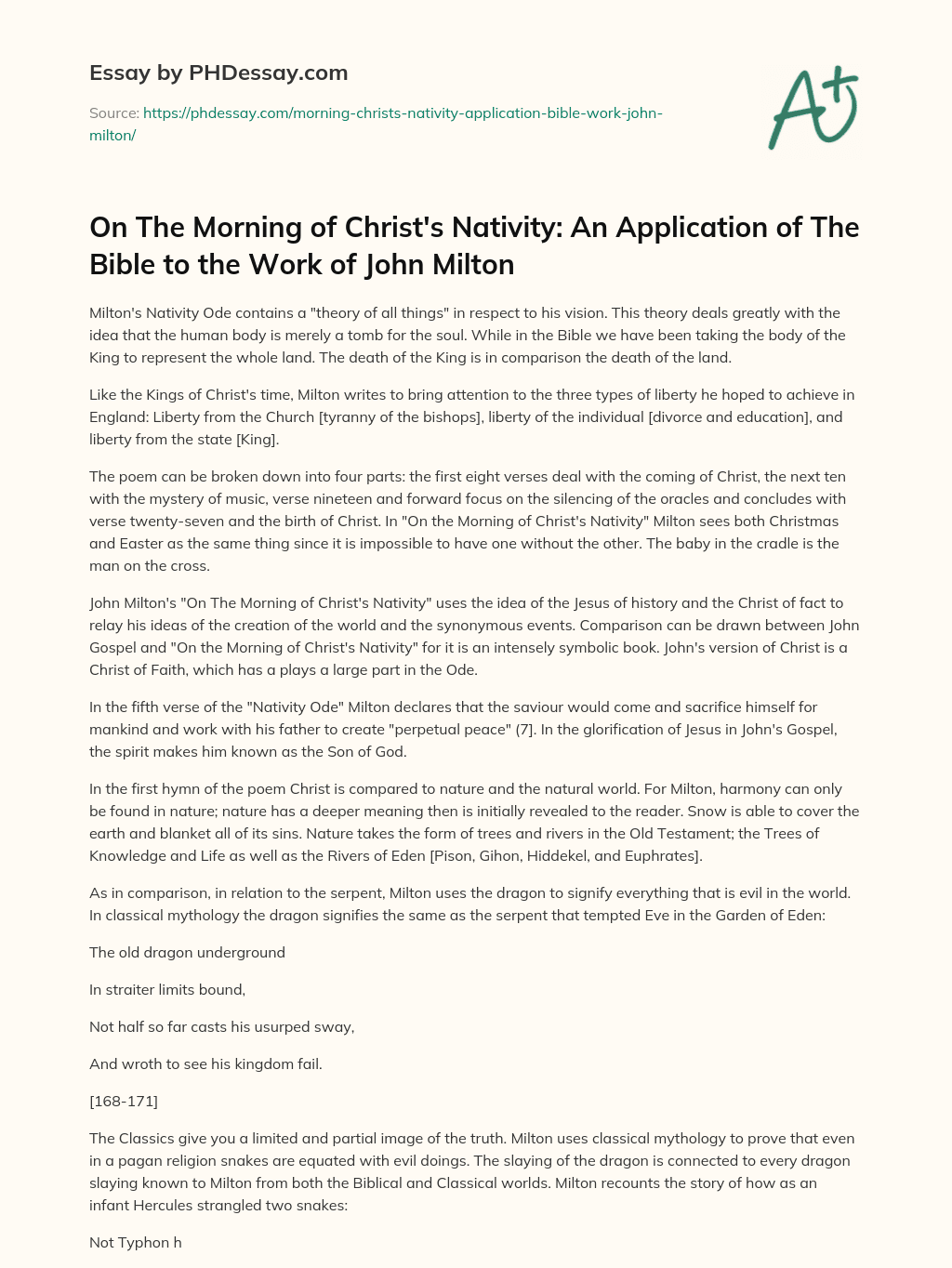 On The Morning of Christ’s Nativity: An Application of The Bible to the Work of John Milton essay